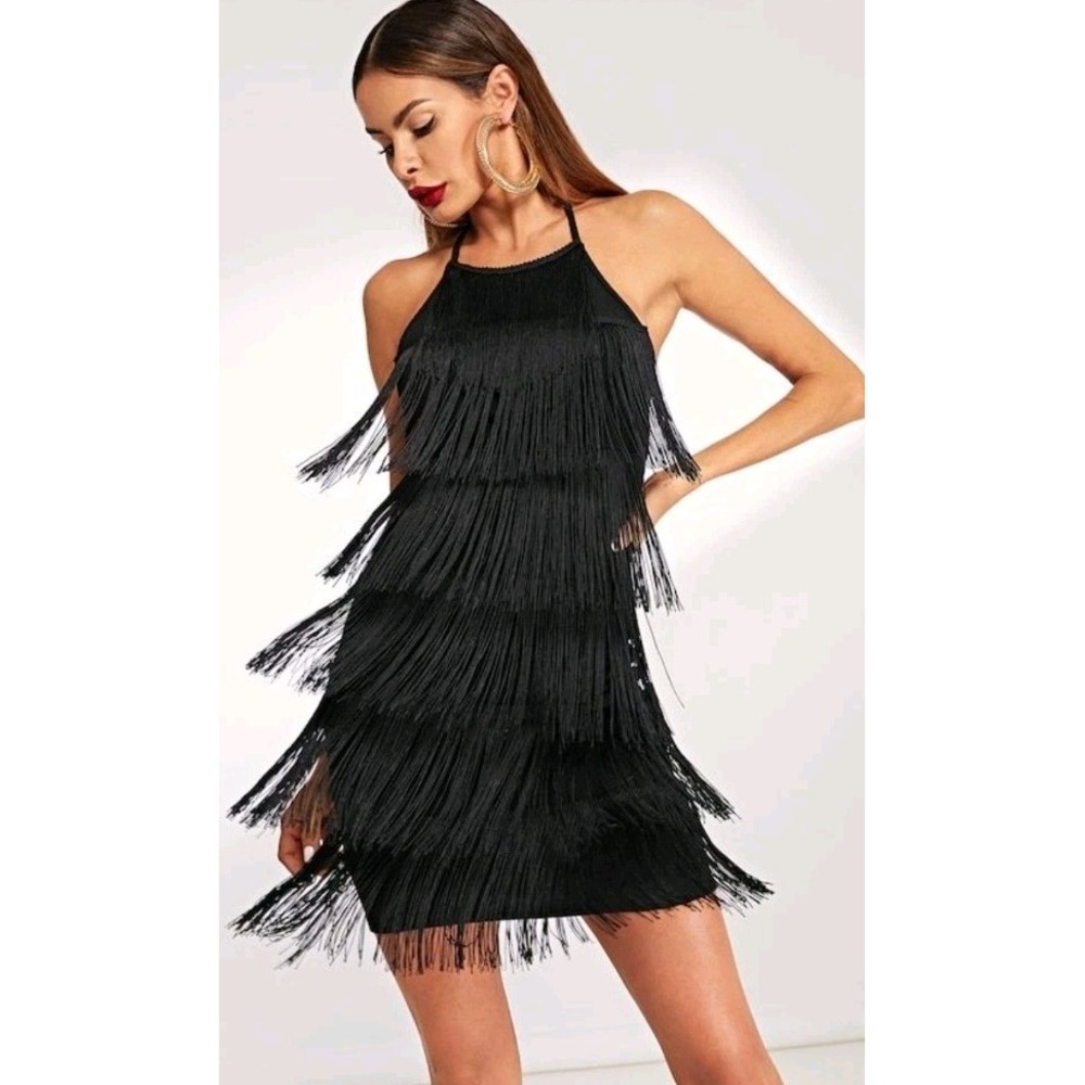 SHEIN Women's  Black Belle Plunging Neck Layered Fringe Cami Bodycon Dress Sz M